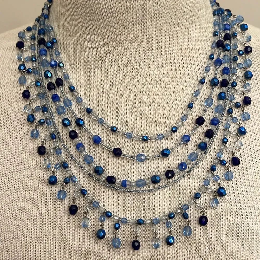 Vintage CZECH REPUBLIC 5 Strand Bib Statement Necklace Blue Cut Glass Beads - Picture 7 of 15